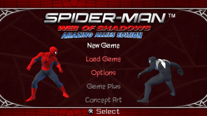Spider-Man: Web of Shadows – Amazing Allies Edition start screen for PlayStation Portable (PSP) action-adventure game