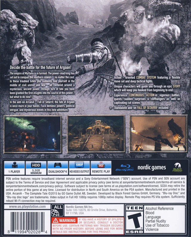 Arcania: The Complete Tale retro PS4 video game Arcania The Complete Tale fantasy action RPG open world exploration melee combat story driven role playing game console release back cover 
