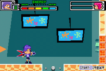 Game Boy Advance gameplay for 'Hi Hi Puffy AmiYumi: KaZnapped!' with colorful characters and text.