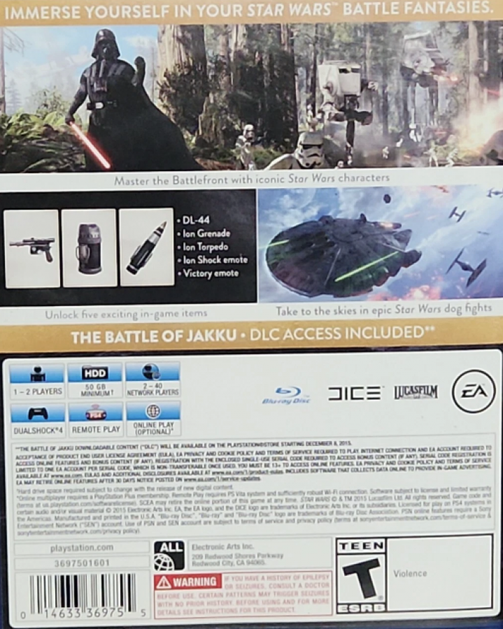 Star Wars: Battlefront [Deluxe Edition] – PlayStation 4 (PS4) video game back of case, third-person and first-person shooter