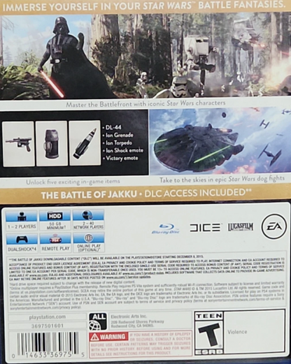 Star Wars: Battlefront [Deluxe Edition] – PlayStation 4 (PS4) video game back of case, third-person and first-person shooter