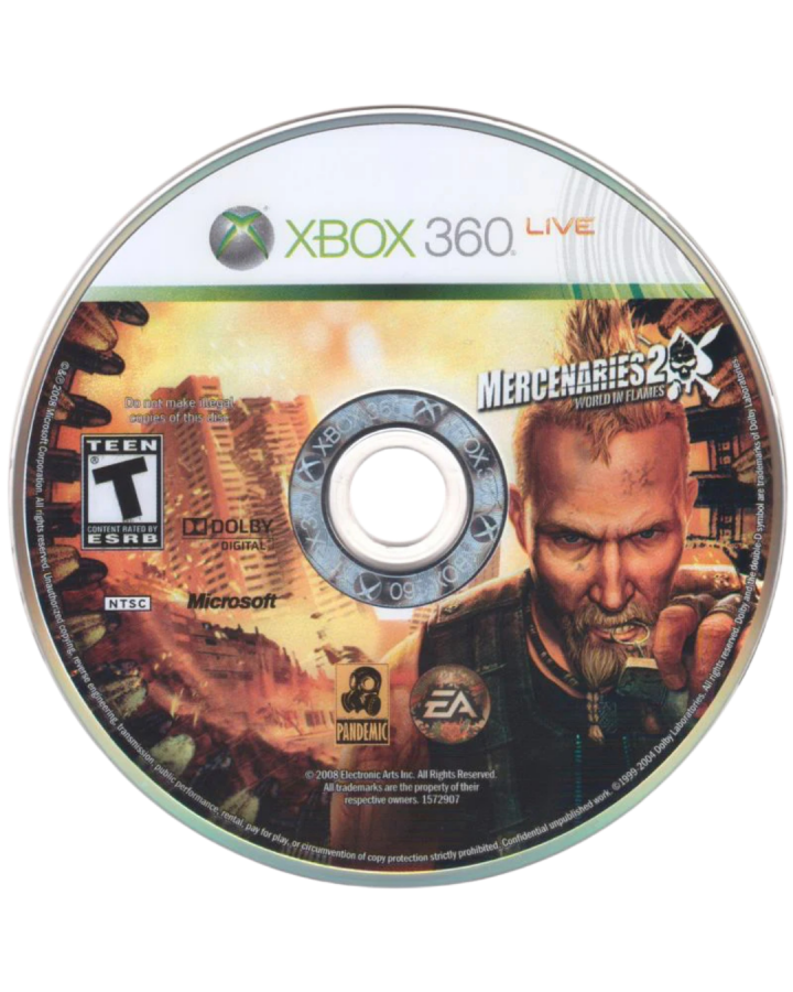 Mercenaries 2 World in Flames Xbox 360 open-world action sandbox video game with explosive gameplay and a dynamic world disc