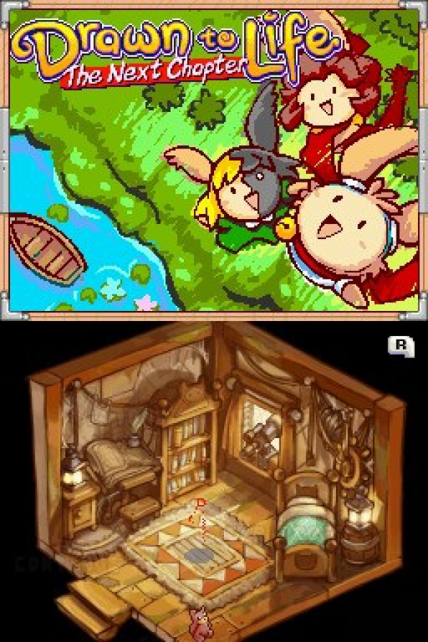 Drawn to Life The Next Chapter Nintendo DS platformer adventure game creative drawing gameplay custom characters world creation puzzle platforming story driven action THQ touch screen stylus controls Nintendo DS software video game title title screen 