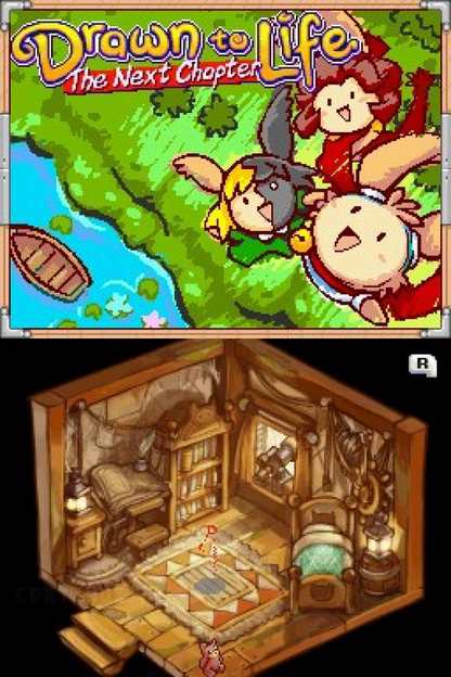 Drawn to Life The Next Chapter Nintendo DS platformer adventure game creative drawing gameplay custom characters world creation puzzle platforming story driven action THQ touch screen stylus controls Nintendo DS software video game title title screen 