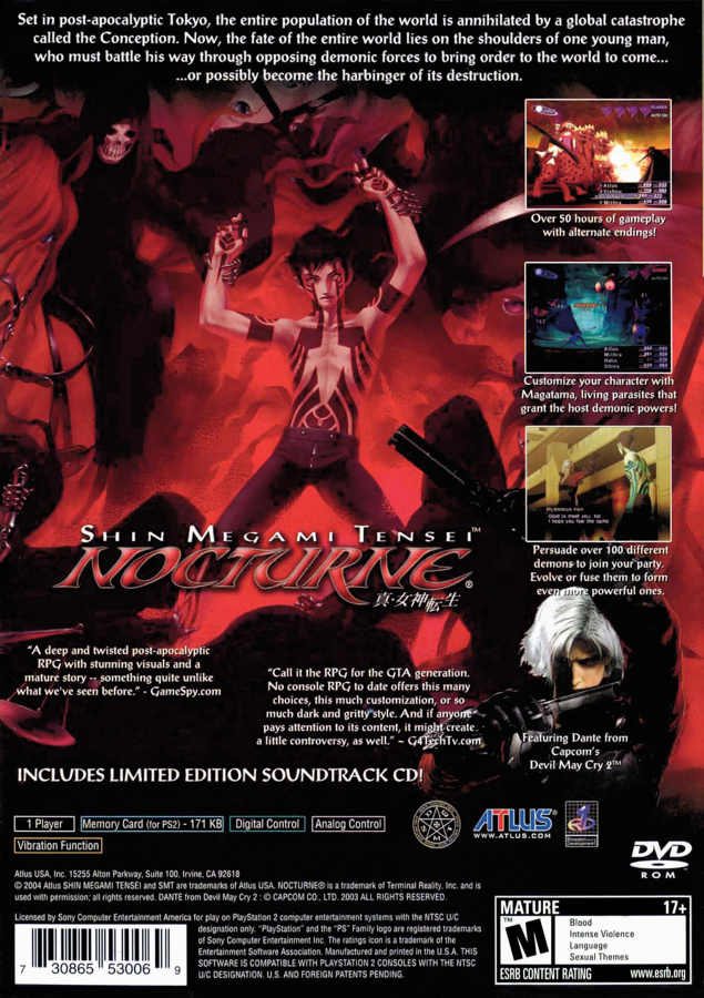 Shin Megami Tensei Nocturne PlayStation 2 PS2 for role playing video game fans featuring turn based combat demon recruitment and fusion post apocalyptic Tokyo exploration challenging dungeon crawling strategic gameplay deep storytelling iconic Atlus JRPG adventure collectible gaming appeal back cover art