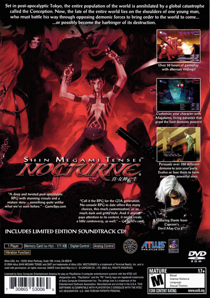 Shin Megami Tensei Nocturne PlayStation 2 PS2 for role playing video game fans featuring turn based combat demon recruitment and fusion post apocalyptic Tokyo exploration challenging dungeon crawling strategic gameplay deep storytelling iconic Atlus JRPG adventure collectible gaming appeal back cover art