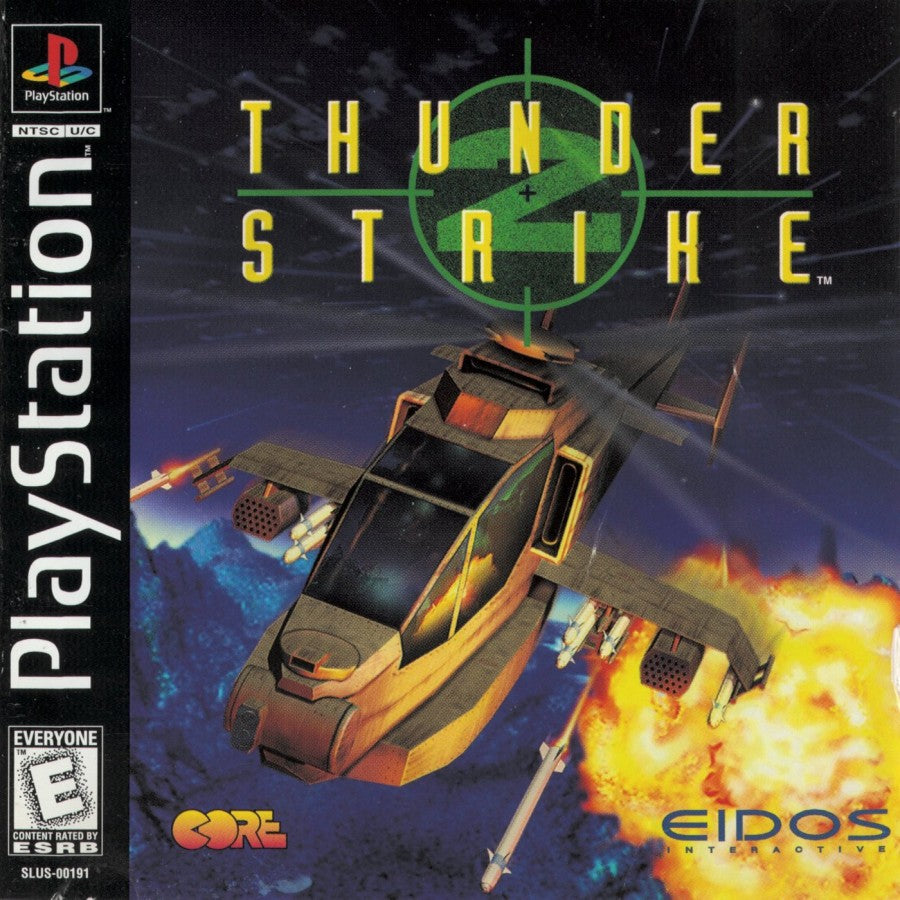 Thunder Strike 2 PlayStation 1 PS1 for vehicular combat flight shooter retro video game fans featuring helicopter gunship missions explosive aerial combat military operations powerful weapons arcade style action challenging objectives collectible gaming appeal front cover art