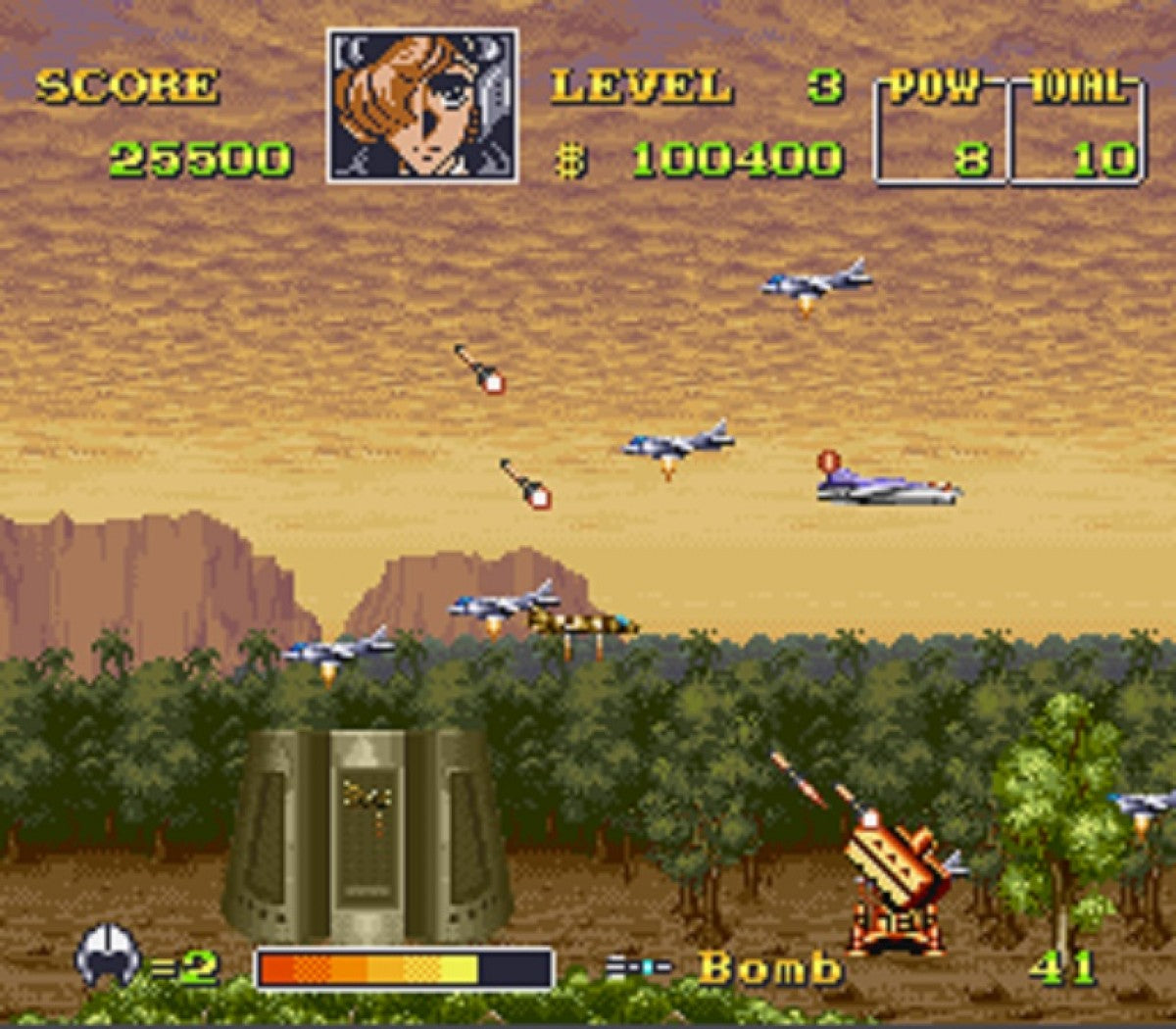 UN Squadron Super Nintendo Entertainment System SNES side-scrolling shoot em up arcade port video game based on Area 88 manga three selectable fighter jets weapons shop money system multiple stages branching paths Capcom classic gameplay screenshot