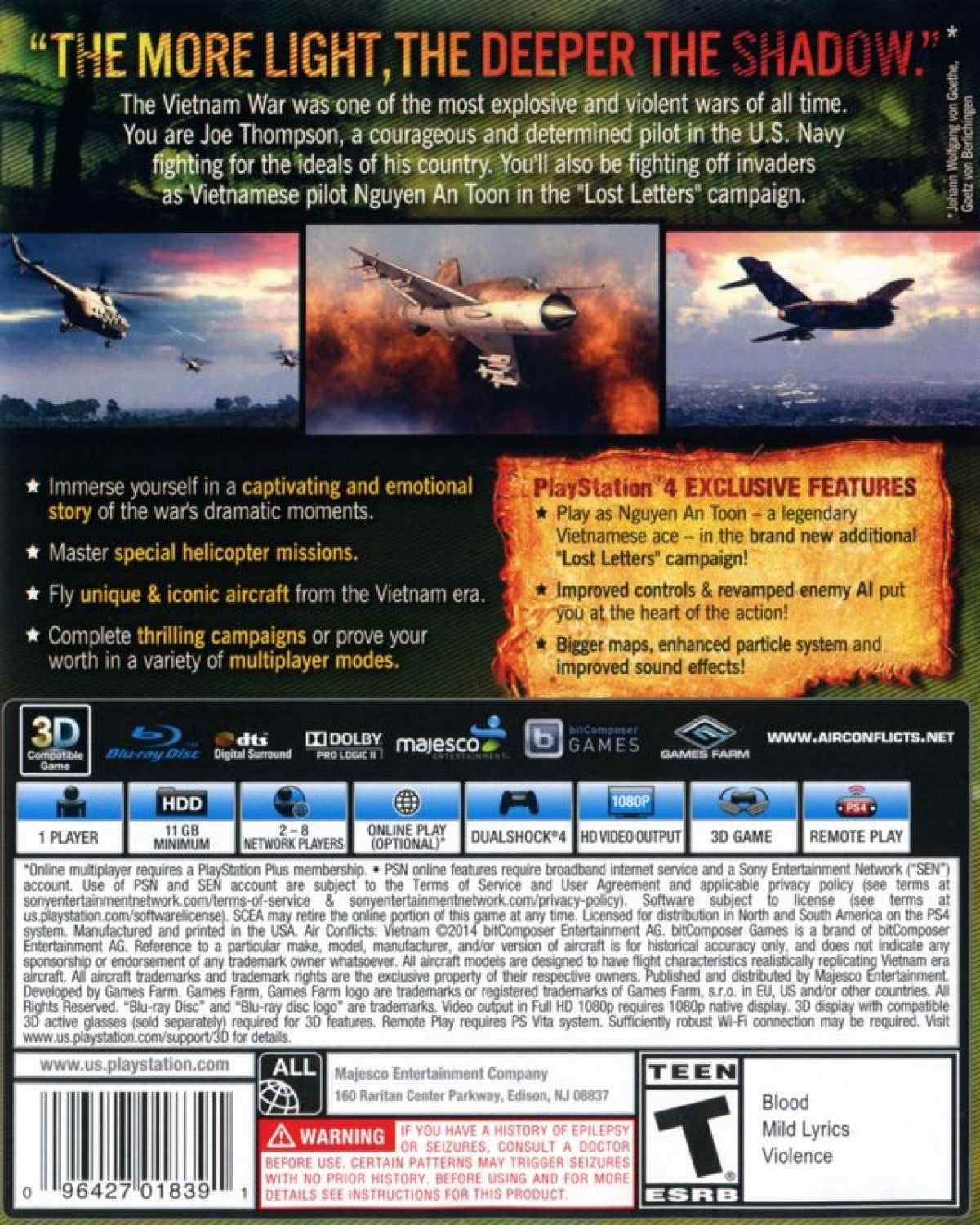 Air Conflicts: Vietnam [Ultimate Edition] back of case for PlayStation 4 (PS4) aerial combat flight simulation game