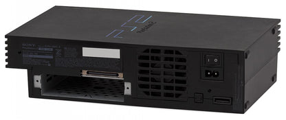 Rear view of a Sony PlayStation 2 console showing power input, AV and digital ports, and ventilation grilles.