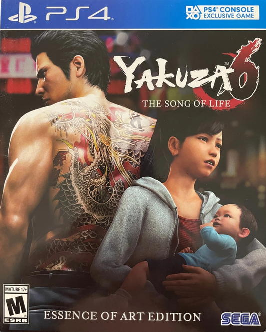 Yakuza 6: The Song of Life [Essence of Art Edition] for PlayStation 4 (PS4) at Gamers INC, featuring the final chapter of Kazuma Kiryu's legendary saga in the stunning Dragon Engine, complete with a commemorative hardcover art book and a gripping story of family and sacrifice in the streets of Kamurocho and Onomichi front cover