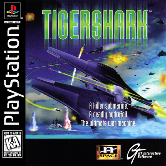 Tiger Shark PlayStation PS1 for action simulation video game fans featuring submarine combat underwater missions naval warfare fast paced shooting military objectives strategic gameplay ocean exploration classic PlayStation action collectible gaming appeal front cover art