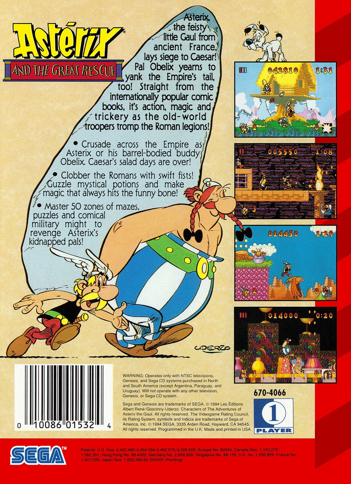 Asterix and the Great Rescue Sega Genesis retro video game platformer back of case (1993)