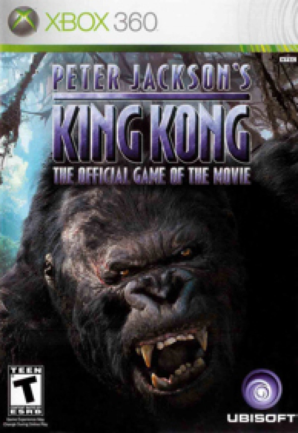 Peter Jackson's King Kong Xbox 360 action adventure video game featuring King Kong and Jack Driscoll jungle exploration giant creatures intense combat survival gameplay cinematic environments platforming challenges and classic Xbox 360 gaming collectible retro gaming appeal front