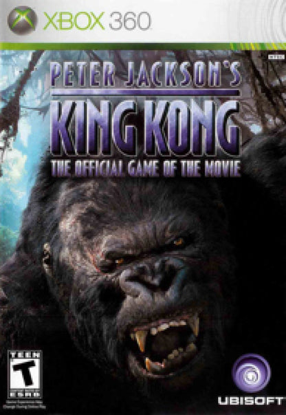 Peter Jackson's King Kong Xbox 360 action adventure video game featuring King Kong and Jack Driscoll jungle exploration giant creatures intense combat survival gameplay cinematic environments platforming challenges and classic Xbox 360 gaming collectible retro gaming appeal front