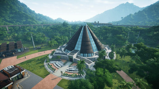 Jurassic World Evolution PlayStation 4 PS4 park management simulation video game building dinosaur theme park on five islands researching DNA creating dinosaurs from films containing herbivores carnivores enclosures guest facilities Sabertooth games gameplay