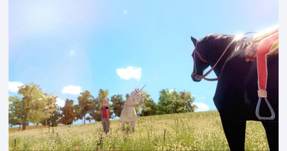The Unicorn Princess for PlayStation 4, gameplay for a fantasy adventure simulation video game with horseback riding, magical exploration, quest-based gameplay, and family-friendly open-world adventure