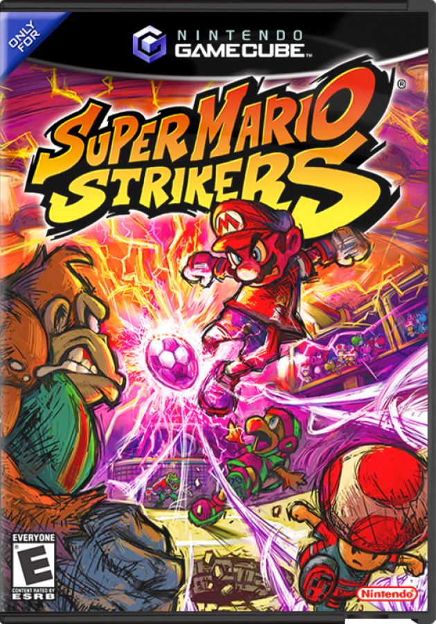 Super Mario Strikers cover art for GameCube game featuring fast-paced arcade soccer gameplay with classic Nintendo characters