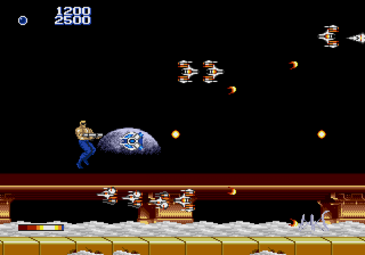 Forgotten Worlds Sega Genesis GEN for retro video game enthusiasts featuring side scrolling shoot em up gameplay futuristic aerial combat rotating weapon system intense enemy battles sci fi adventure classic arcade action and collectible gaming appeal gameplay 