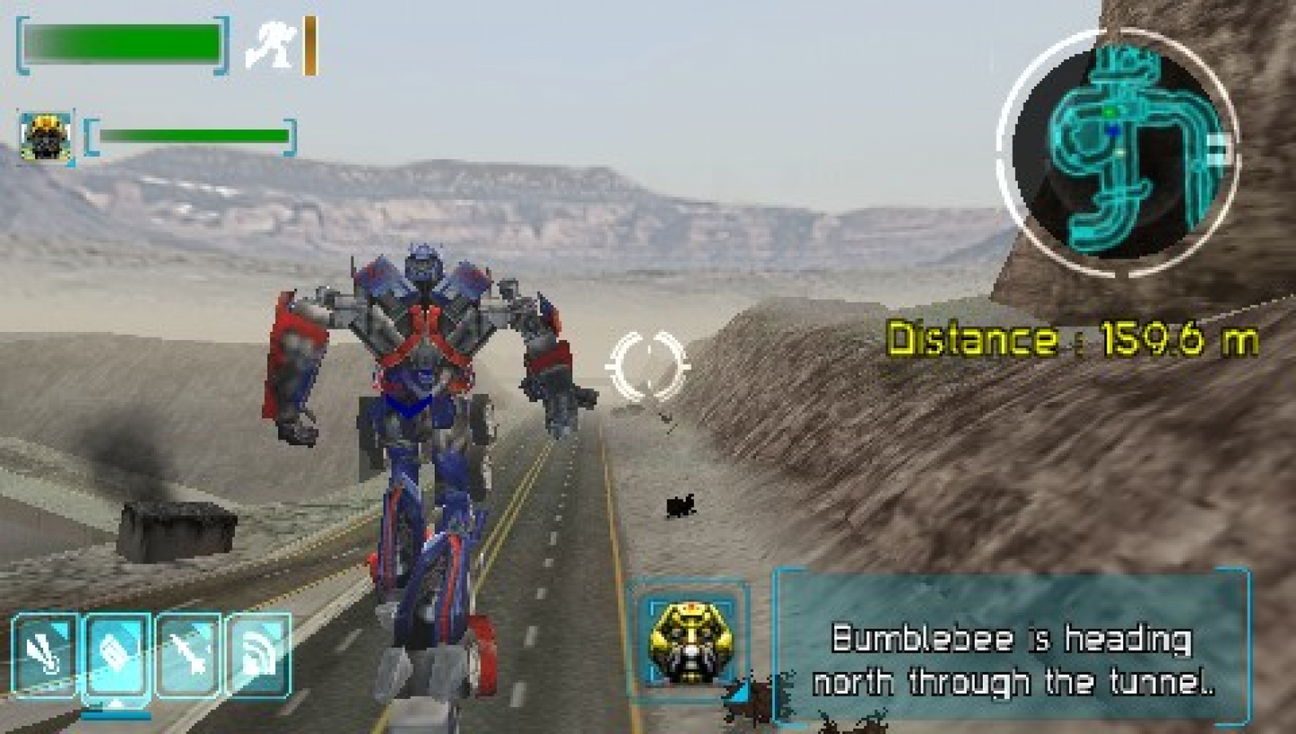 Transformers The Game PlayStation Portable PSP gameplay for retro video game enthusiasts featuring action adventure gameplay robot transformation mechanics Autobot and Decepticon combat missions cinematic movie based storyline destructible environments and portable handheld explosive sci fi gaming experience and collectible gaming appeal