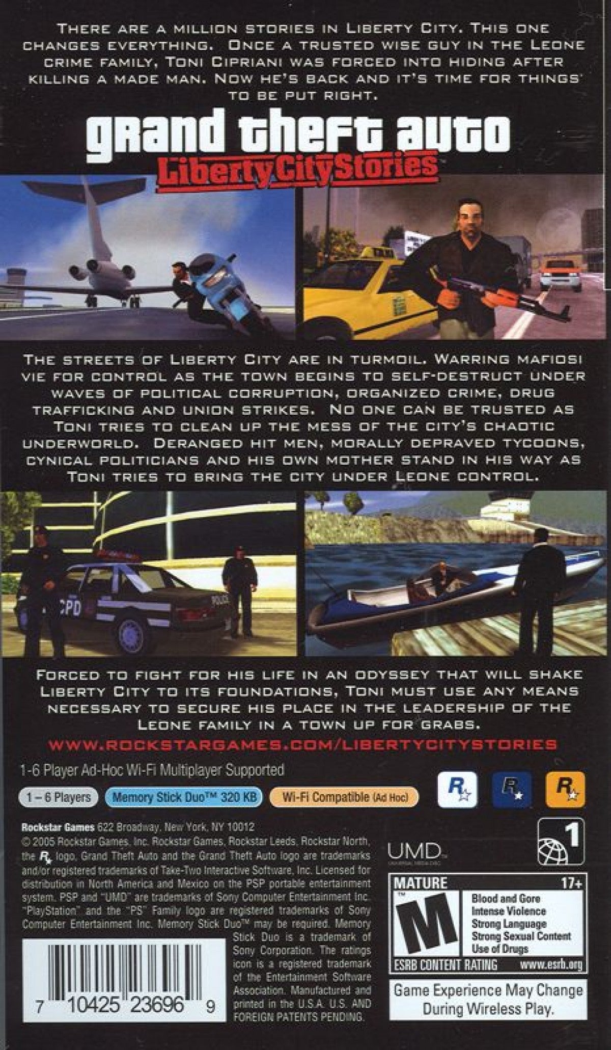 Grand Theft Auto: Liberty City Stories Greatest Hits back cover for Playstation Portable video game. 