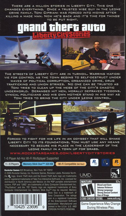 Grand Theft Auto: Liberty City Stories Greatest Hits back cover for Playstation Portable video game. 