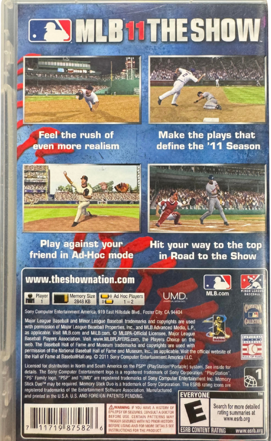 MLB 11 The Show PlayStation Portable PSP video game featuring baseball sports simulation gameplay Major League Baseball teams and players batting pitching fielding home run hitting season mode franchise management realistic baseball action and classic handheld PlayStation gameplay retro video game collection collectible gaming appeal back cover art