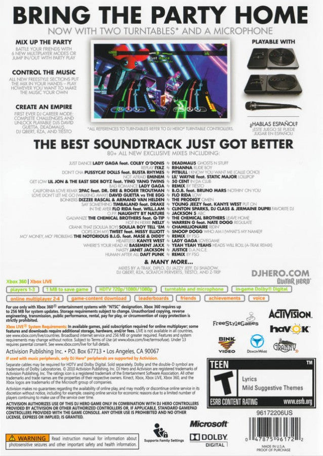DJ Hero 2 back of case for Xbox 360 (X360) music rhythm video game