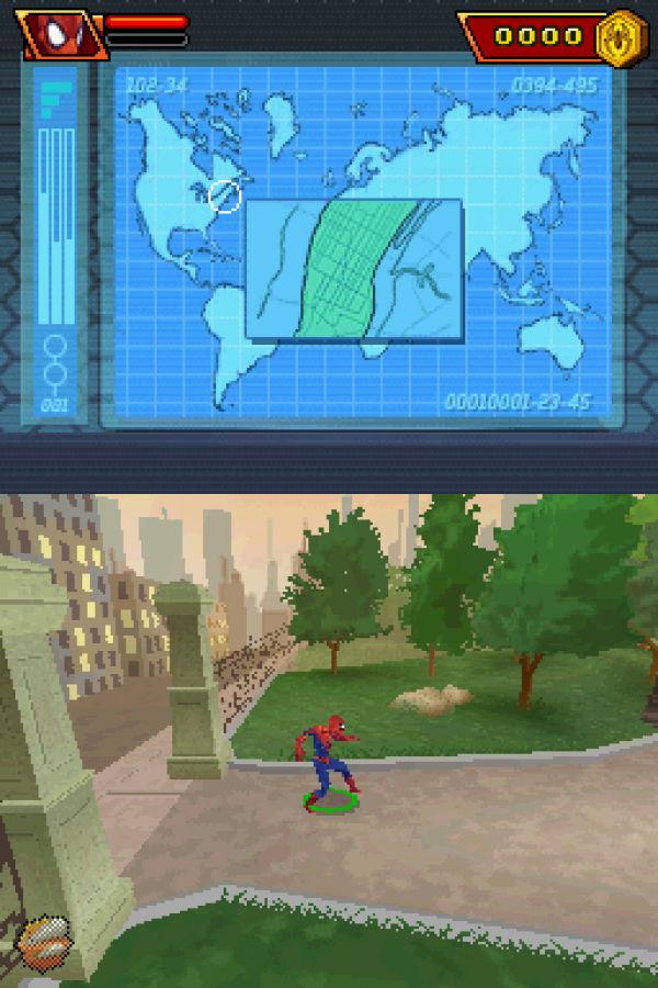 Spider-Man Friend or Foe for Nintendo DS (DS), gameplay for a retro video game featuring action-adventure gameplay, beat-em-up combat, character-based missions, co-op mechanics, and superhero-themed battles