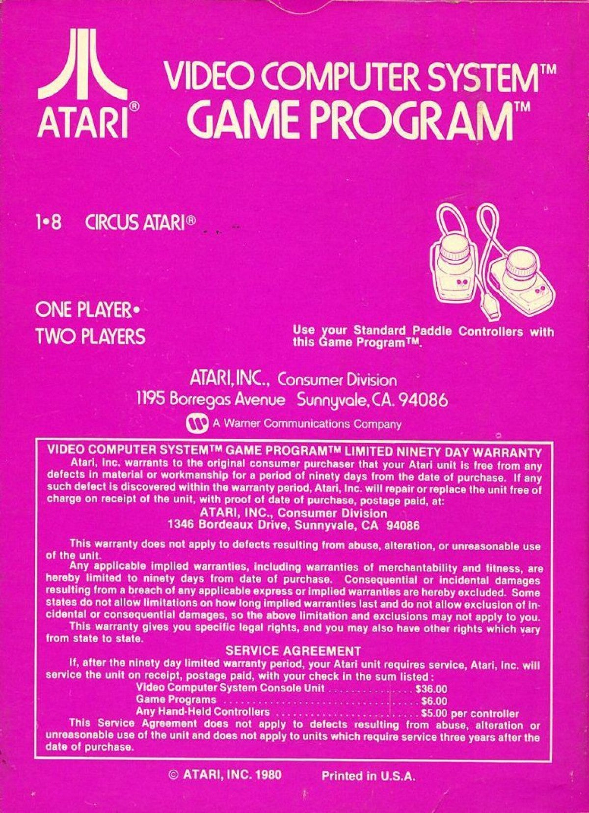 Circus Atari retro Atari 2600 video game featuring arcade carnival gameplay, trampoline action, balloon popping challenges and classic Atari entertainment - back of case