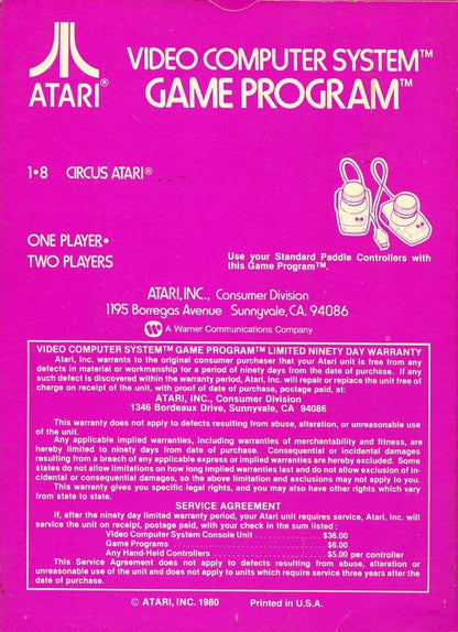 Circus Atari retro Atari 2600 video game featuring arcade carnival gameplay, trampoline action, balloon popping challenges and classic Atari entertainment - back of case