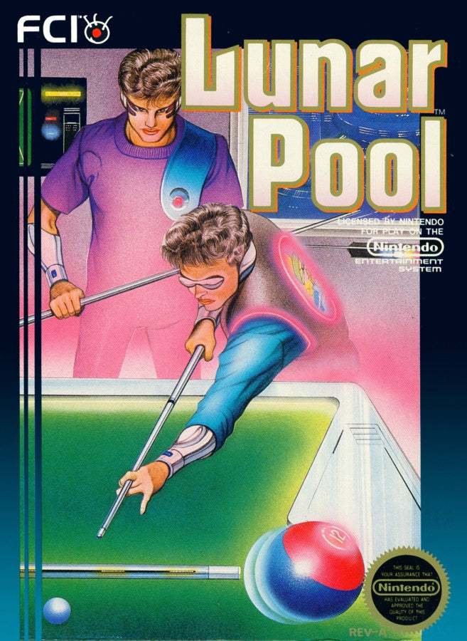 Lunar Pool Nintendo Entertainment System NES for retro video game enthusiasts featuring billiards style puzzle gameplay angled shot mechanics gravity influenced ball physics increasingly complex table layouts precision aiming challenges and classic arcade style sports puzzle action and collectible gaming appeal cover art 