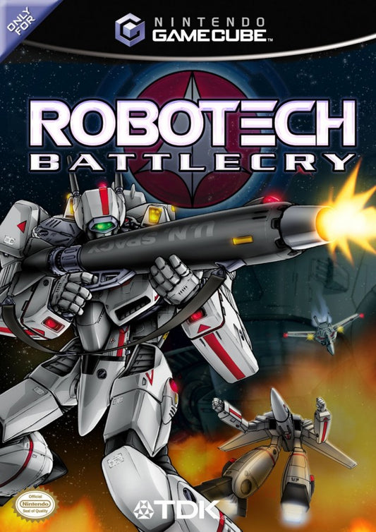 Robotech Battlecry cover art for GameCube game featuring aerial mech combat action inspired by the classic anime series