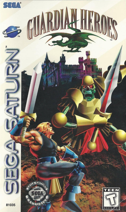 Guardian Heroes Sega Saturn action RPG beat em up hybrid Treasure Studios side scrolling combat branching story multiple endings magic combo system cooperative multiplayer arena battles retro gaming Sega Saturn software video game title cover art