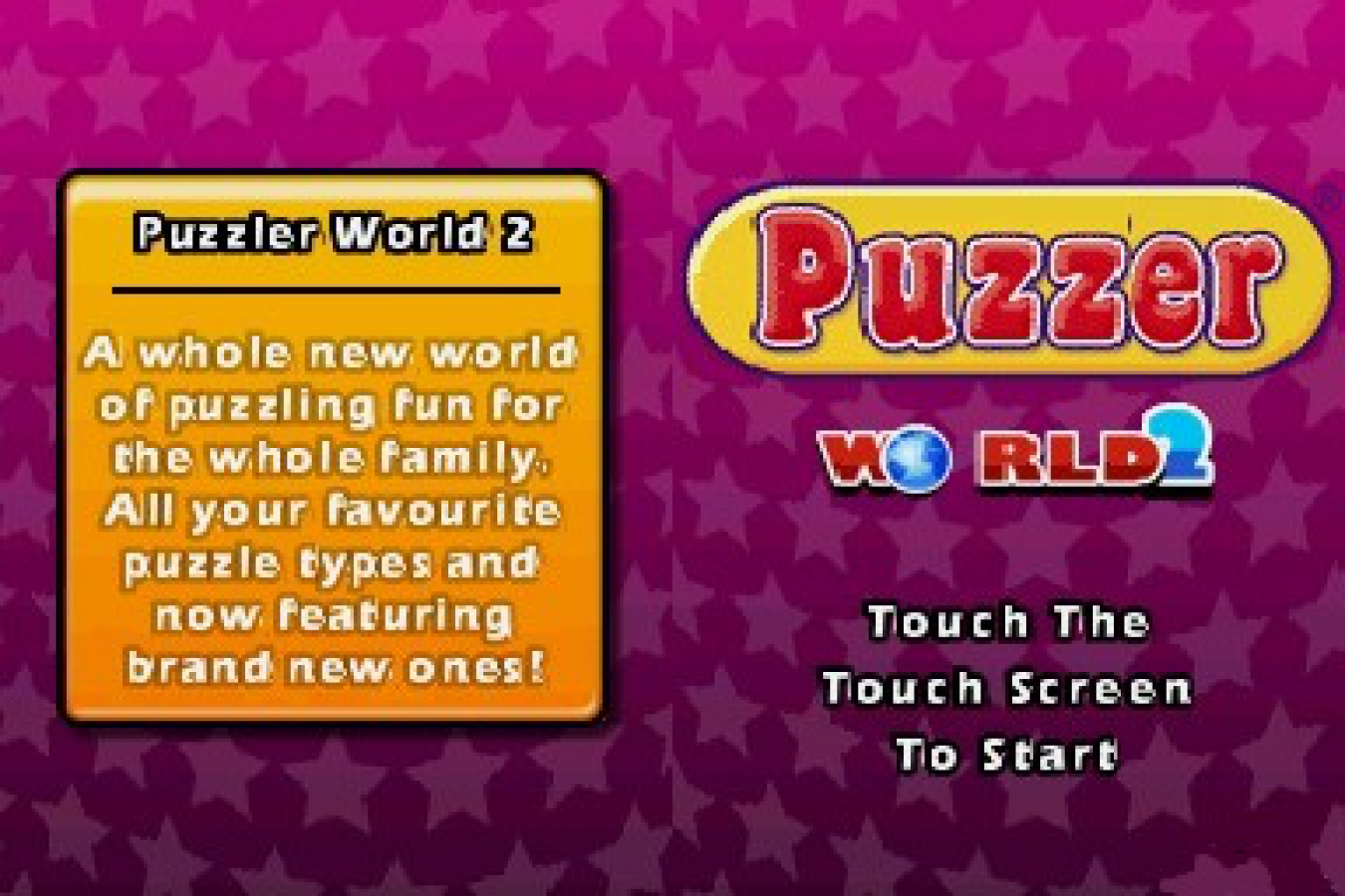 Puzzler World 2 home screen for Nintendo DS (DS) puzzle mini-game collection video game