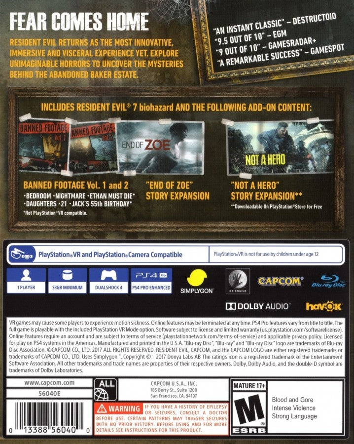 Resident Evil 7: Biohazard [Gold Edition] – PlayStation 4 (PS4) video game back of case, survival horror