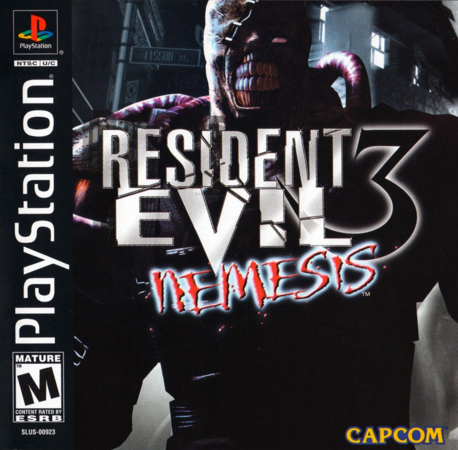 Resident Evil 3 Nemesis PlayStation 1 game featuring classic survival horror gameplay, fixed camera angles, and intense Nemesis encounters in Raccoon City front cover