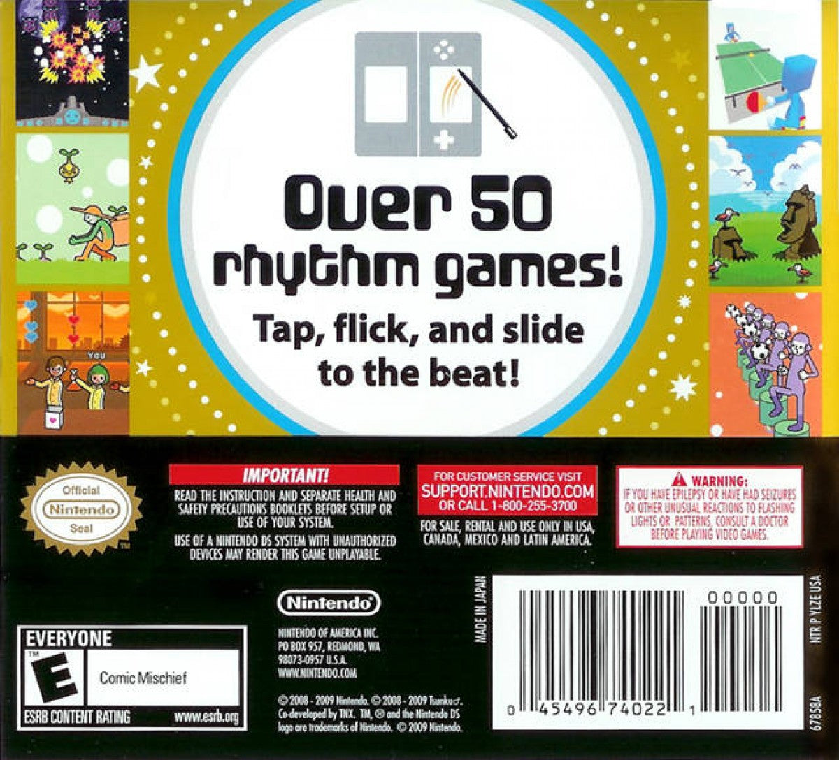 Rhythm Heaven Nintendo DS video game, rhythm music gameplay, fast-paced mini-games, stylized art style, handheld console title back cover art