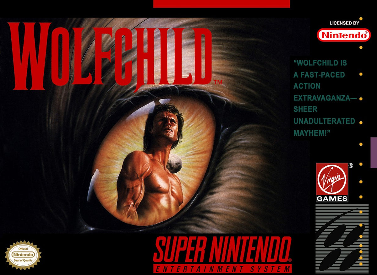Wolfchild Super Nintendo Entertainment System SNES retro video game action platformer collectible gaming title featuring fast paced combat challenging platforming fantasy adventure gameplay classic 16 bit graphics Super Nintendo gaming experience retro game collection appeal cover art