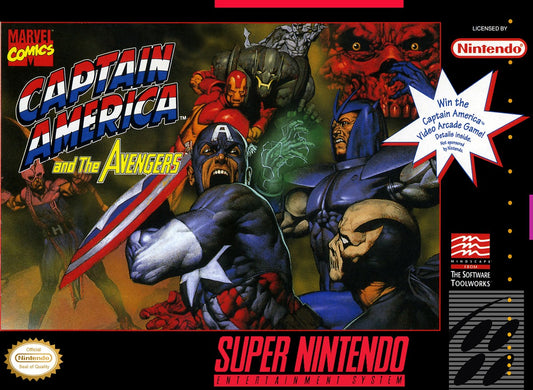 Captain America and the Avengers retro SNES video game Captain America Marvel superhero beat em up action combat cooperative gameplay arcade style adventure console title Super Nintendo release cover art