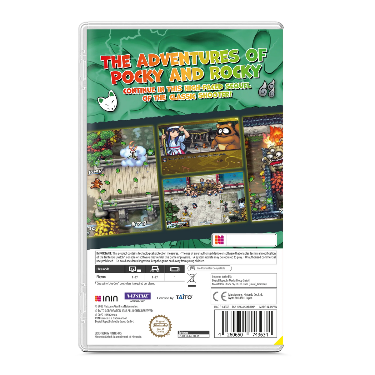Pocky and Rocky Reshrined PAL Import Nintendo Switch NS video game featuring top down action shooter gameplay Pocky and Rocky characters yokai battles magical attacks enemy waves forest environments cooperative gameplay challenging stages PAL region import edition and classic Nintendo Switch gameplay retro video game collection collectible gaming back cover art