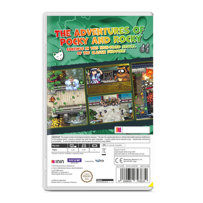 Pocky and Rocky Reshrined PAL Import Nintendo Switch NS video game featuring top down action shooter gameplay Pocky and Rocky characters yokai battles magical attacks enemy waves forest environments cooperative gameplay challenging stages PAL region import edition and classic Nintendo Switch gameplay retro video game collection collectible gaming back cover art
