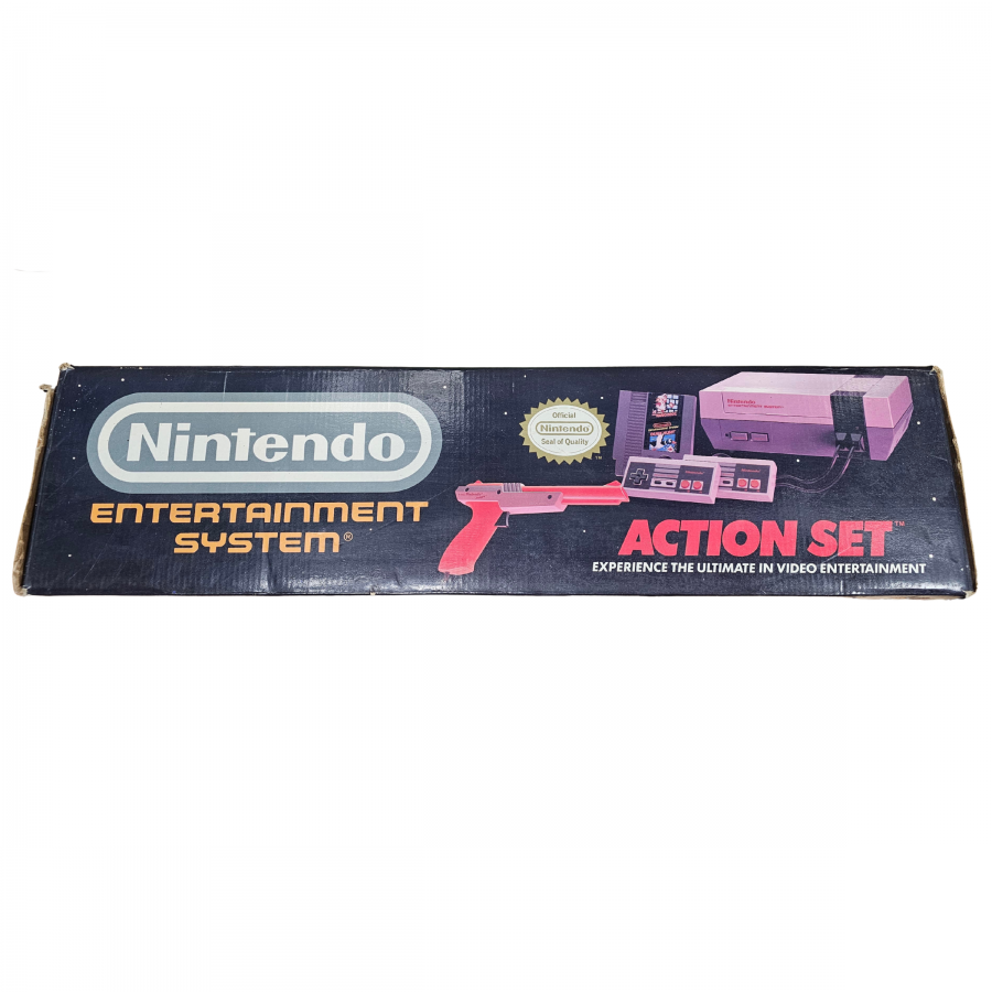 Nintendo Entertainment System NES Console Action Set CIB complete in box gaming system featuring the classic NES console controllers Zapper light gun game accessories original packaging home console setup classic Nintendo hardware and collectible retro gaming appeal top box art