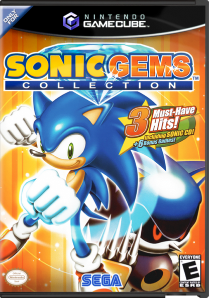 Sonic Gems Collection cover art for GameCube game featuring classic Sonic titles and retro arcade gameplay compilation 