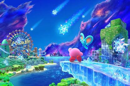 Kirby and the Forgotten Land Star Crossed World Nintendo Switch 2 inspired design featuring colorful 3D platform adventure aesthetic beloved pink hero exploration across vibrant post apocalyptic worlds imaginative abilities cooperative gameplay charming Nintendo action presentation gameplay