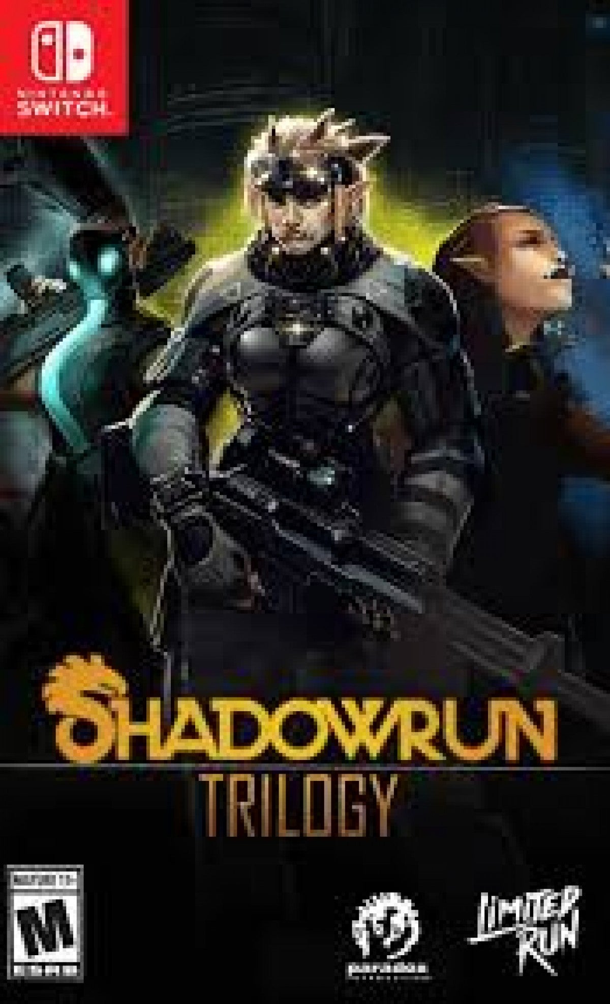 Shadowrun Trilogy Limited Run #163 Nintendo Switch inspired design featuring cyberpunk fantasy role playing adventure aesthetic futuristic dystopian cities magic and technology fusion tactical turn based combat deep narrative storytelling and atmospheric noir gameplay presentation front cover