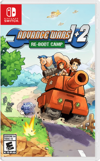 Advance Wars 1+2: Re‑Boot Camp cover art for Nintendo Switch (NS) featuring remastered tactical strategy gameplay, commanding armies across grid‑based battlefields with updated visuals and classic campaigns.