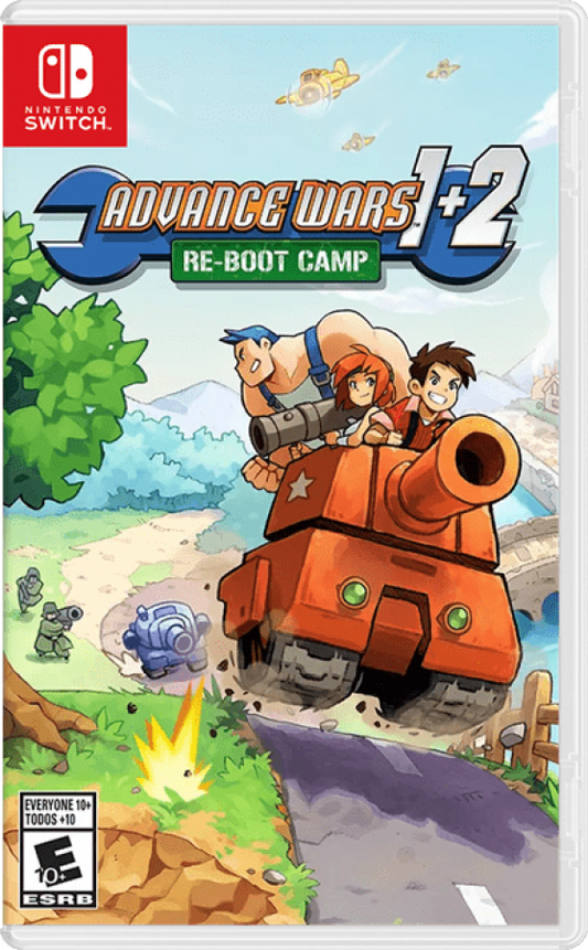 Advance Wars 1+2: Re‑Boot Camp cover art for Nintendo Switch (NS) featuring remastered tactical strategy gameplay, commanding armies across grid‑based battlefields with updated visuals and classic campaigns.
