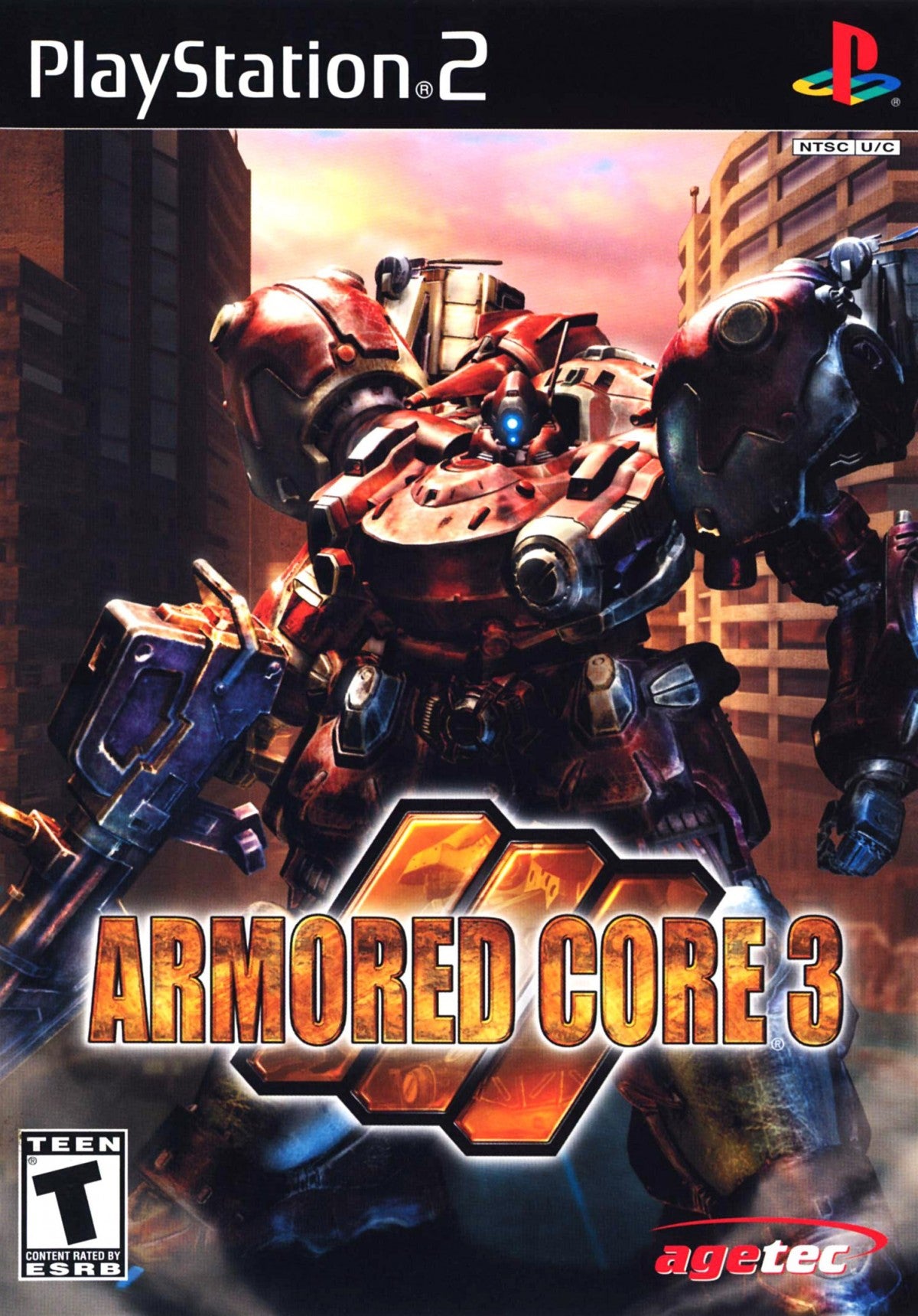 Armored Core 3 disc for the PlayStation 2 featuring mech combat simulation gameplay with deep customization of armored units fast paced mission based battles and sci fi mercenary storytelling from FromSoftware front cover