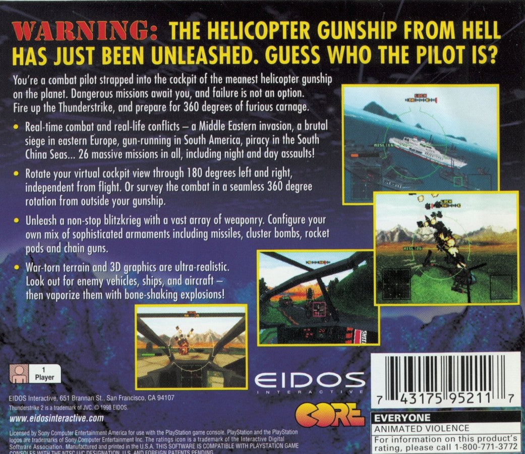 Thunder Strike 2 PlayStation 1 PS1 for vehicular combat flight shooter retro video game fans featuring helicopter gunship missions explosive aerial combat military operations powerful weapons arcade style action challenging objectives collectible gaming appeal back cover